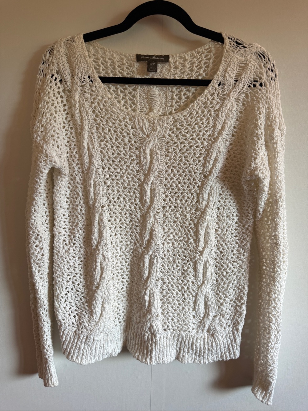Tommy Bahama White Cable Knit Crochet Sweater Cotton Beach Boho S